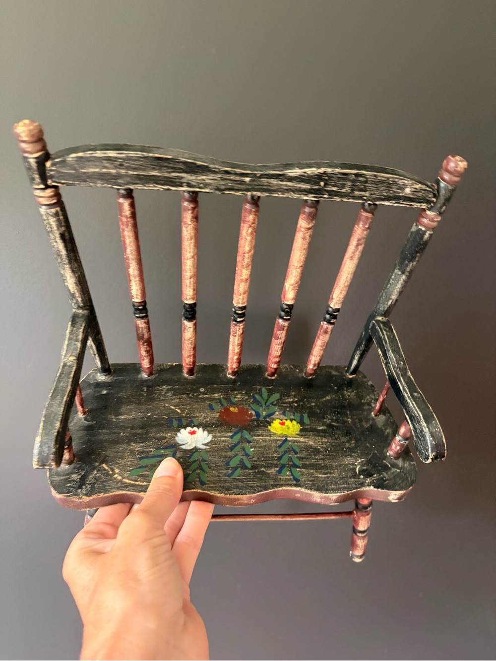 Vintage Hand-Painted Black and Pink Wooden Decorative Doll Bench